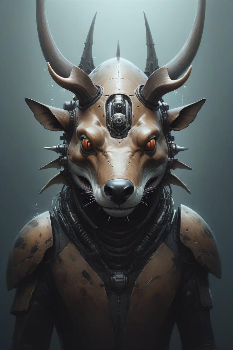 Ethereal portrait of an alien creature with details of a robot fusion shark whit moose fusion with claws the full robot fi...