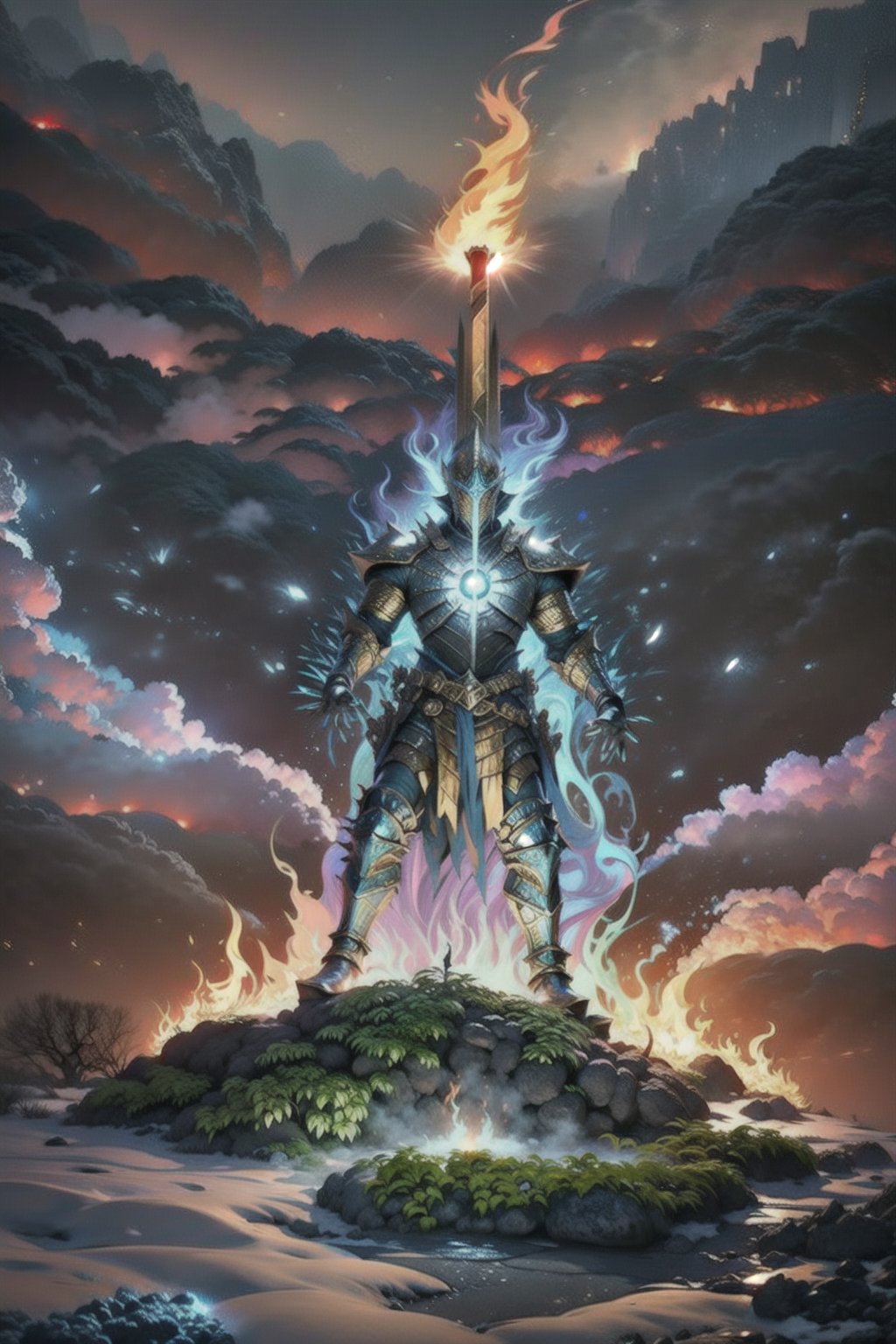 Create an image depicting a knight in golden armor, surrounded by flames, holding a flaming sword. The sky is darkened by smoke and ashes, creating a dramatic and mystical atmosphere ,Fantasy,FFIXBG