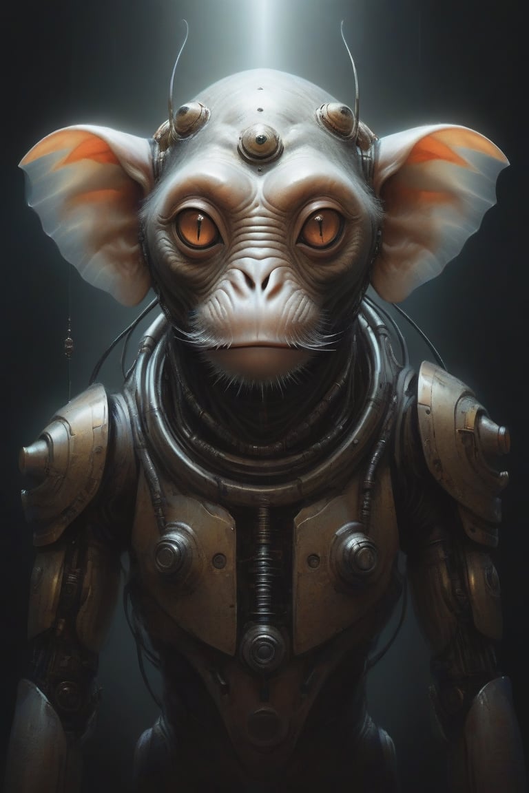 Ethereal portrait of an alien creature with details of a robot fusion monkey whit elephant fusion with claws the full robo...