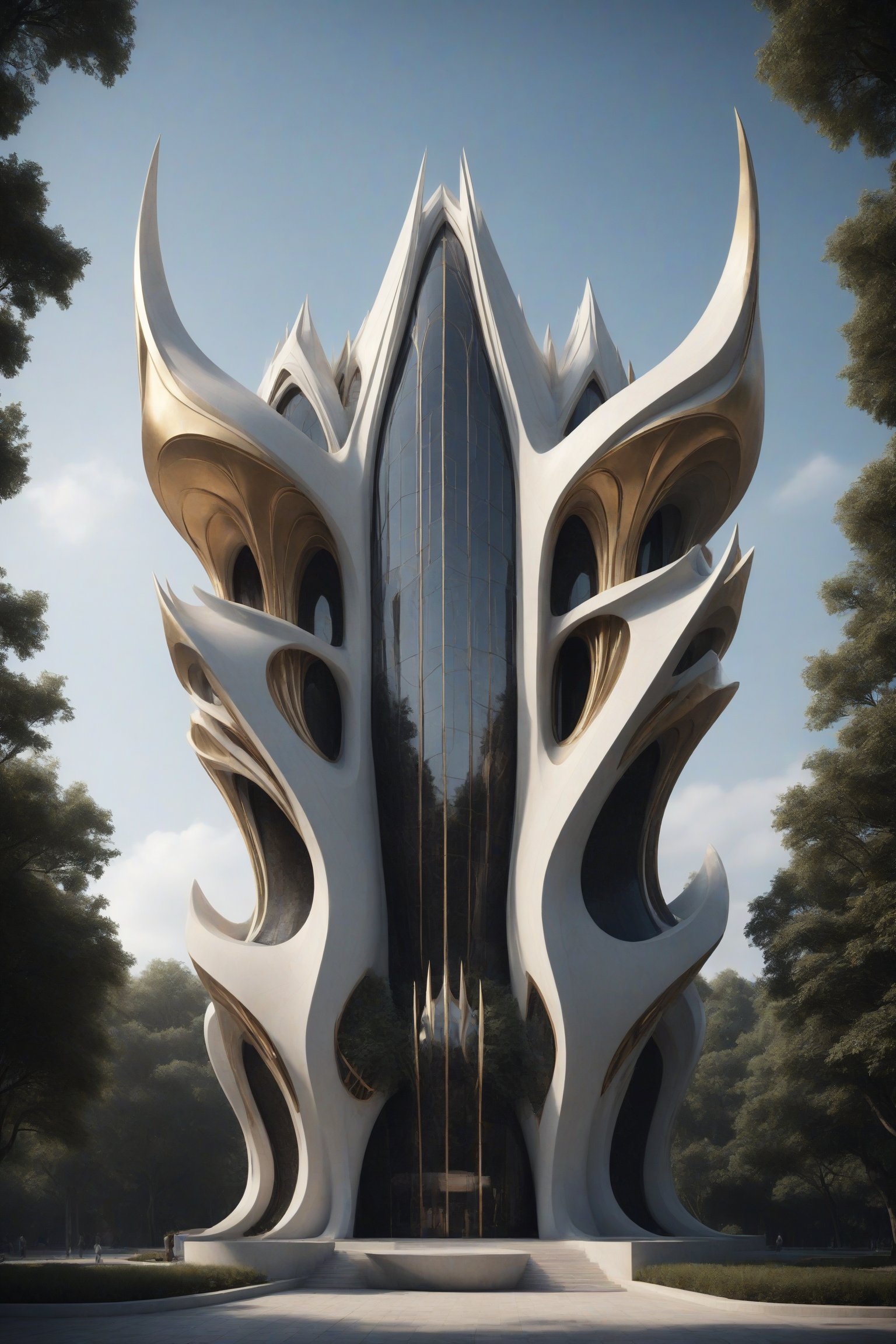 High-definition photorealistic render of an exterior vertical sculptural casttle in parametric architecture, with pointed, dragon-wing-like symmetrical curves inspired by the constructions of Zaha Hadid. A luxurious design featuring marble, glass, and golden metal, with black and white details. The design is inspired by the main stage of Tomorrowland 2022, with ultra-realistic Art Deco details and a high level of intricacy in the image.