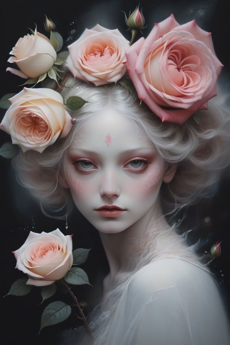Ethereal portrait rose flower creature with details,  with highlights,  inspired by the style of Peter Lindberg and Lee Je...