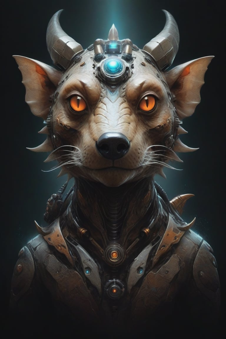 Ethereal portrait of an alien creature with details of a robot fusion bear whit dragon fusion with claws the full robot fi...