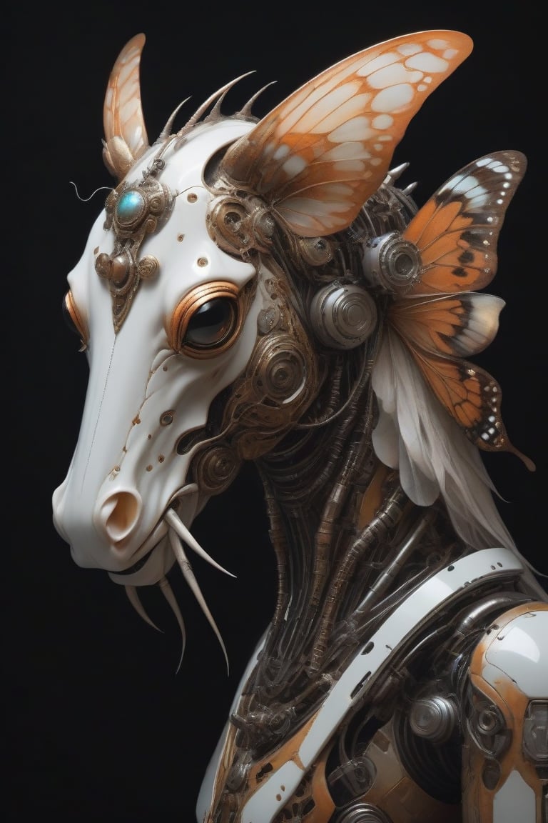 Ethereal portrait of an alien creature with details of a robot fusion horse whit butterfly fusion with claws the full robo...