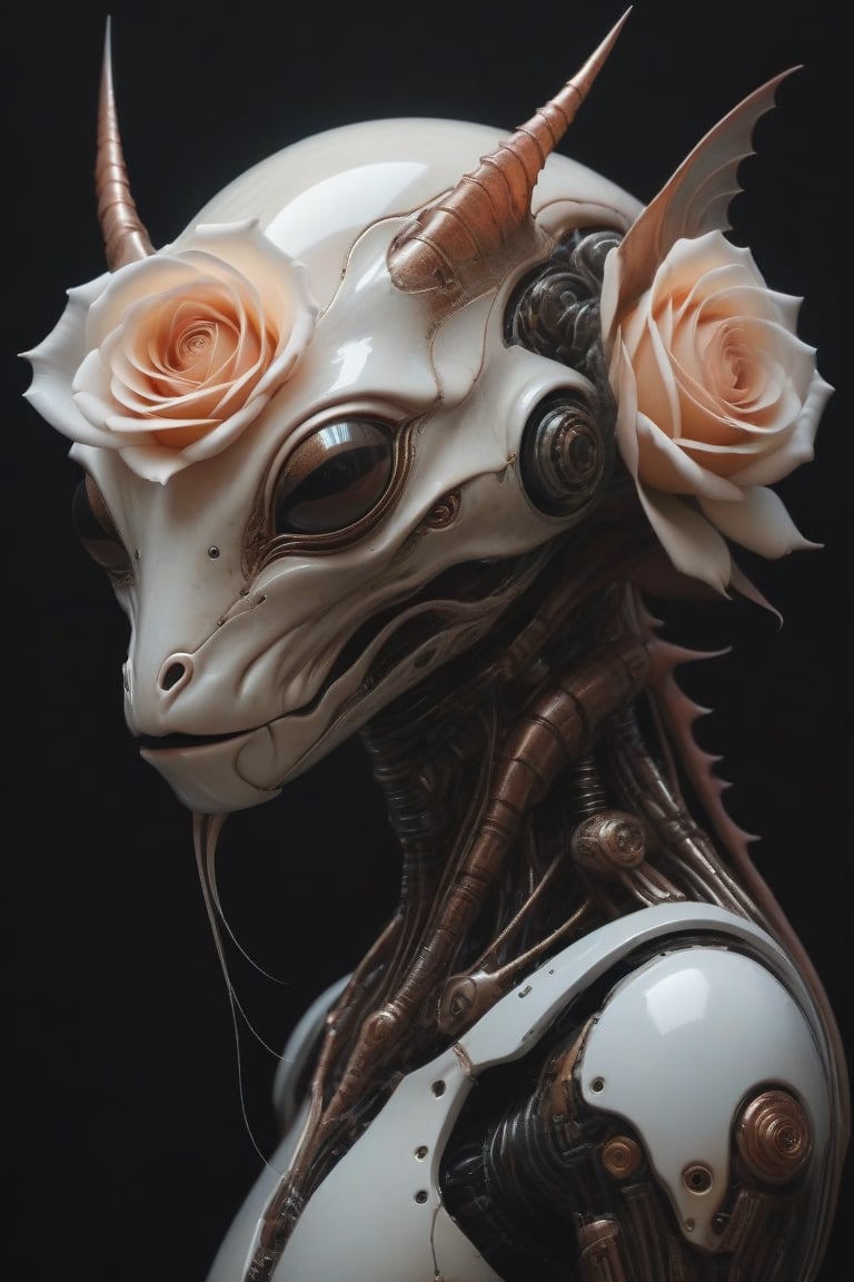 Ethereal portrait of an alien creature with details of a robot rose flower with claws the full robot fish body,  with warm...