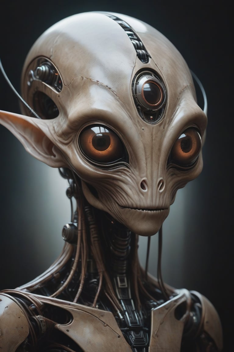 Ethereal portrait of an alien creature with details of a robot CYCLOPE,  the full robot body,  brown highlights by ERLOEXU...