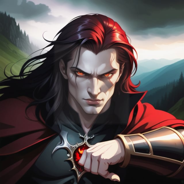 Carpathian male warrior, battle born, long black hair, intense gold eyes, supernatural, vampire like traits, and a beautiful red hair, Green eyed woman, twilight in the Carpathian Mountains,  supernatural, vampire like traitsyy