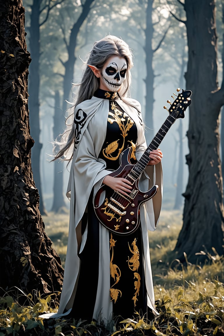 striking female elf,elf ear, stands center stage, embodying both ethereal beauty and dark majesty. She wears an ornate priestly robe in white and gold, its intricate embroidery depicting ancient elven runes and celestial symbols. The robe's high collar frames her face, accentuating her sharp elven features. Her face is adorned with elaborate corpse paint, stark white with black designs that highlight her otherworldly beauty and fierce expression. Long, silver hair cascades down her back, adorned with delicate golden leaves. In her hands, she wields a jagged electric guitar, its body crafted by master elven artisans. The guitar gleams with a dark, metallic sheen and is adorned with intricate carvings of mythical beasts. She stands on a misty forest stage, ancient trees looming in the background.