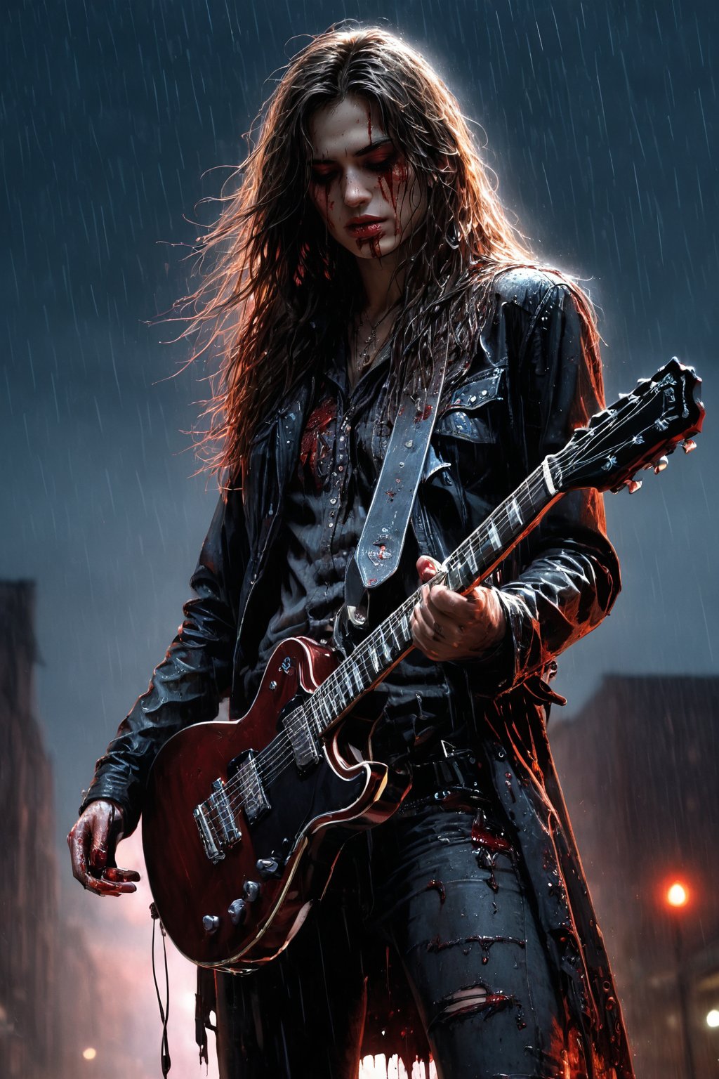 (masterpiece, best quality, ultra-detailed, beautiful, nai3),very aesthetic,intricate,best quality,(amazing quality),extremely hyghres resolution,(ultra-detailed),intricate detailed face and eyes,intricate line,(delicate drawing),an anime style character holding a electric black guitar and glowing with blood, with clouds behind her, 1man, solo, blood,shed tears,(half opened eyes),wet clothes,wet hair ,rocker clothes, weapon, red eyes, long hair, , brown hair, black jacked,blood,blood on face,blood on jacked ,blood on guitar,cowboy shot,(from　directly above),(rain:1.3), (rain_drops),puddle,splash ,ultra delicate, clearly, super fine illustration, absorbres, pastel art,
BREAK beautiful lighting, beautiful glow,nodf_xl