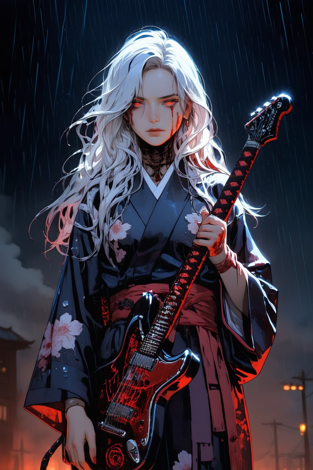 (masterpiece, best quality, ultra-detailed, beautiful, nai3),very aesthetic,intricate,best quality,(amazing quality),extremely hyghres resolution,(ultra-detailed),intricate detailed face and eyes,intricate line,(delicate drawing),an anime style character holding a electric black guitar and glowing with blood, with clouds behind her, 1girl, solo, blood,shed tears,(half opened eyes),wet clothes,wet hair ,japanese clothes, weapon, red eyes, long hair, sword, white hair, kimono,blood,blood on face,blood on kimono,blood on katana,cowboy shot,(from　directly above),(rain:1.3), (rain_drops),puddle,splash ,ultra delicate, clearly, super fine illustration, absorbres, pastel art,
BREAK beautiful lighting, beautiful glow,nodf_xl