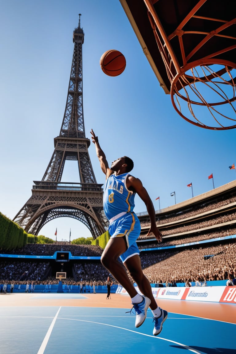 A dynamic shot captures the youthful athlete's agility, with his basketball uniform in the stadium with the iconic Eiffel Tower rising majestically in the distance, its iron latticework glinting like diamonds. The packed stands pulse with energy, cheers and chants erupting as the crowd eagerly anticipates the next thrilling play, the blue sky above a perfect complement to the electric atmosphere.