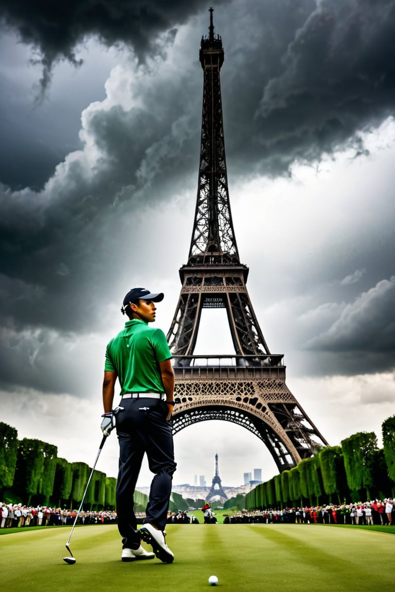 A youthful golfer, determination etched on his face, stands tall amidst the sprawling green of a majestic golf course, situated within a grand stadium's bounds. The iconic Eiffel Tower rises majestically in the background, its iron latticework glistening faintly against the ominous dark sky. The crowd's fervent cheers and murmurs fill the air as the golfer assumes a focused pose, his eyes fixed intently on the green ahead, while the stormy clouds gather above, heavy with impending rain.,more detail XL