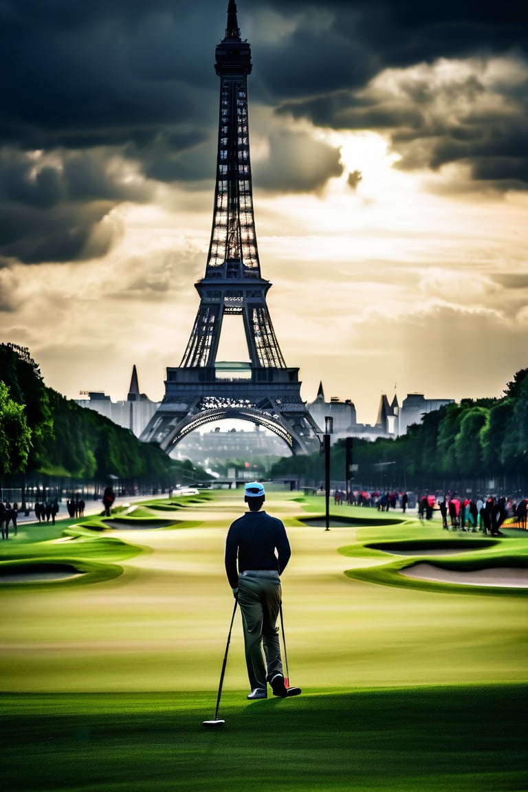 A youthful golfer, determination etched on his face, stands tall amidst the sprawling green of a majestic golf course, situated within a grand stadium's bounds. The iconic Eiffel Tower rises majestically in the background, its iron latticework glistening faintly against the ominous dark sky. The crowd's fervent cheers and murmurs fill the air as the golfer assumes a focused pose, his eyes fixed intently on the green ahead, while the stormy clouds gather above, heavy with impending rain.,more detail XL