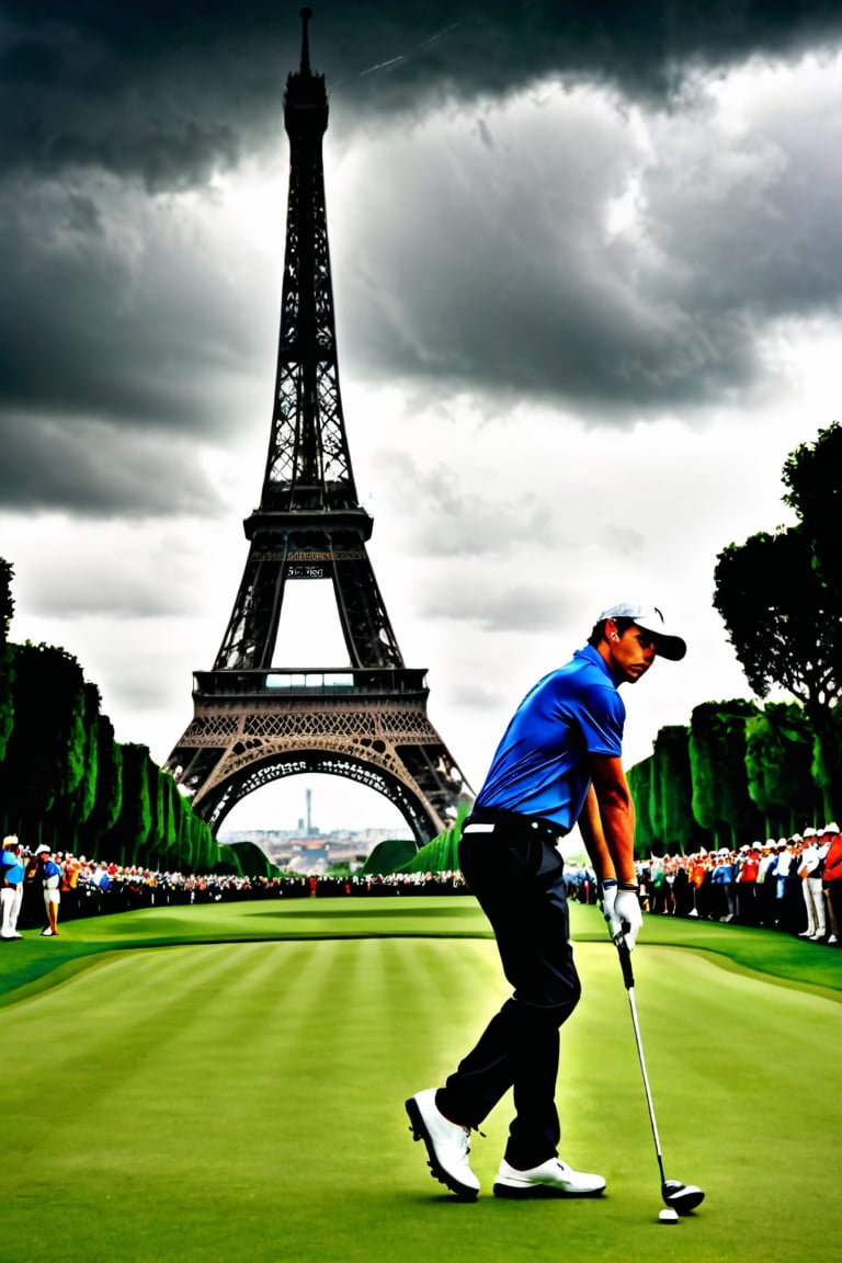 A youthful golfer, determination etched on his face, stands tall amidst the sprawling green of a majestic golf course, situated within a grand stadium's bounds. The iconic Eiffel Tower rises majestically in the background, its iron latticework glistening faintly against the ominous dark sky. The crowd's fervent cheers and murmurs fill the air as the golfer assumes a focused pose, his eyes fixed intently on the green ahead, while the stormy clouds gather above, heavy with impending rain.,more detail XL