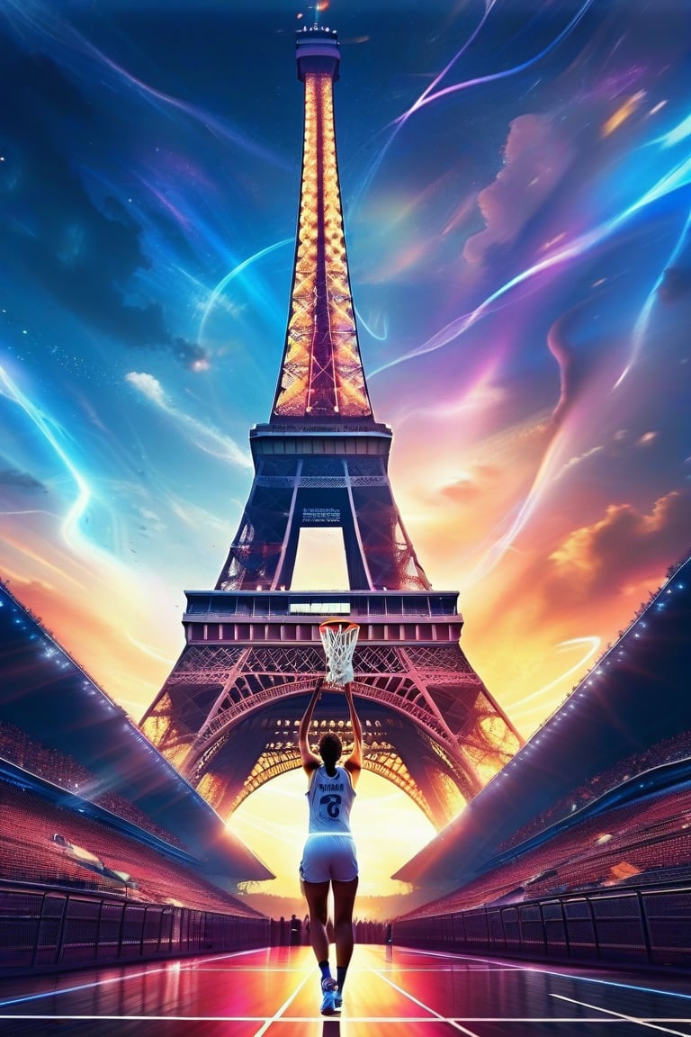 A dynamic shot captures the youthful female athlete's agility, with her basketball uniform in the stadium with the iconic Eiffel Tower rising majestically in the distance, its iron latticework glinting like diamonds. The packed stands pulse with energy, cheers and chants erupting as the crowd eagerly anticipates the next thrilling play, the blue sky above a perfect complement to the electric atmosphere.