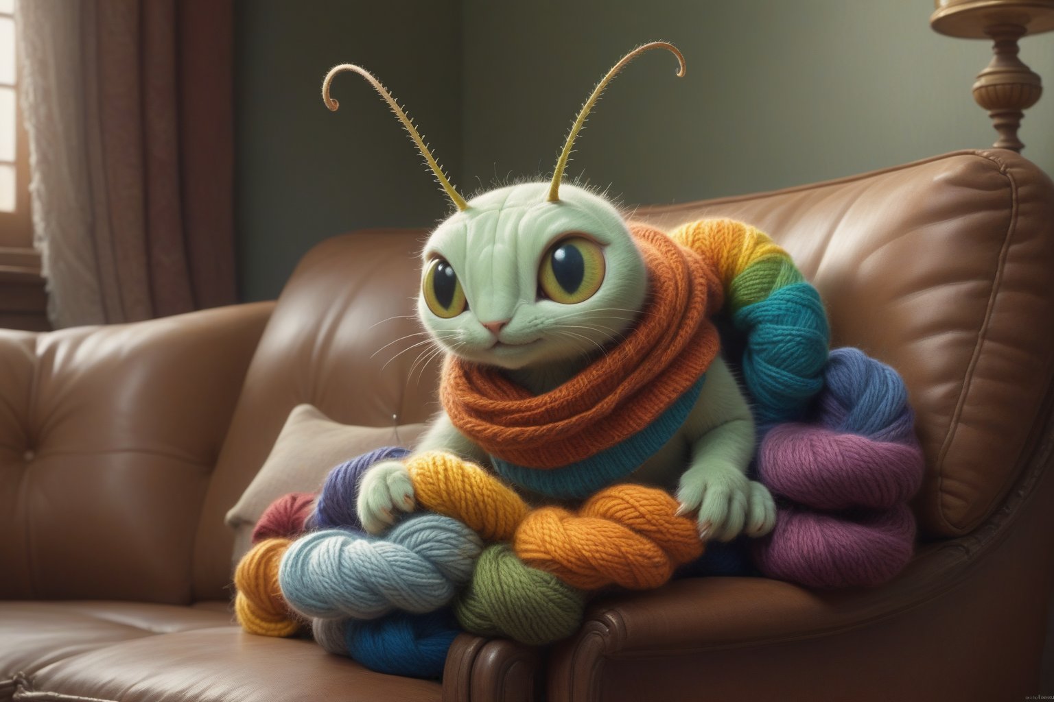 Mischievous cute caterpillar-cat-mantis hybrid knitting a  rainbow scarf on the couch   Old-fashioned living room, highly detailed eyes,  by Jean-Baptiste Monge, Gilles Beloeil, Tyler Edlin, Marek Okon, Pixar, 8k, album art, comic style, golden ratio, perfect composition