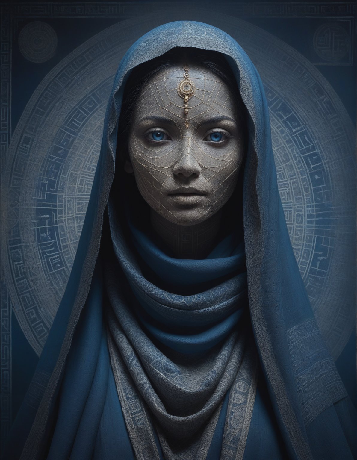 an ancient, cloaked female figure with piercing eyes, face covered in dust and dirt, their face wrapped in fabric adorned with extremely intricate hieroglyphs, set against an abstract, polygonal blue gradient background. The cloth appears worn and frayed, with strands of cobwebs catching the light, evoking a sense of age and decay. The background’s geometric facets shift from light to dark blue, creating a sense of depth that feels cold and detached, as if the figure exists within a frozen, digital void. Every wrinkle, stitch, and symbol on the fabric is detailed, revealing a story etched into the cloth. The icy blues of the background offer a stark contrast, amplifying the figure’s ancient aura. This composition weaves together themes of antiquity and futurism, drawing the viewer into a world where the past is preserved within a crystalline digital space.