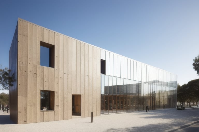 A museum building in beige travertine stone with tall glass and steel walls, beige stone facade with concrete elements, daylight, designed in the style of David Chipperfield in Mexico City, landscape, from_side, from_below,