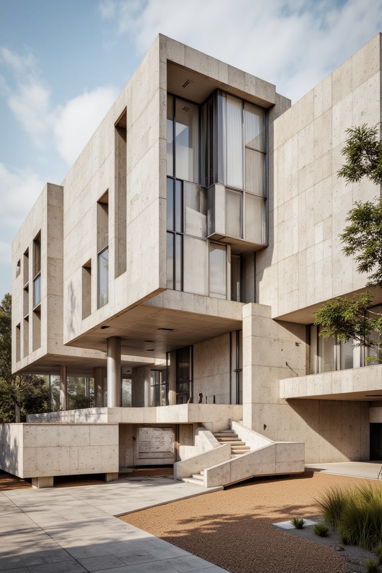 A museum building in Mexico City, constructed from beige travertine stone with a modernist facade featuring tall glass and steel walls, and concrete elements. The building is designed in the style of David Chipperfield, with a focus on clean lines and minimalism. The scene is illuminated by daylight, highlighting the interplay between the stone and glass. The composition captures the structure from a side angle and slightly below, showcasing the landscape surrounding the museum.