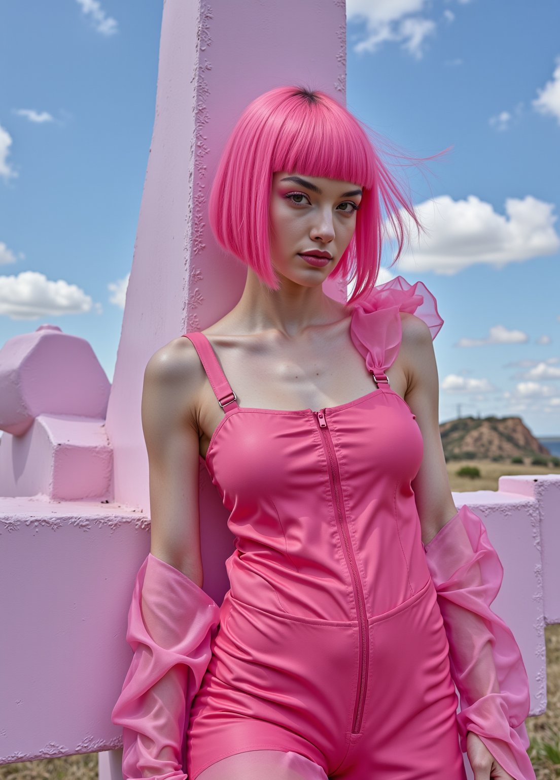 A striking abstract fashion shoot featuring a beautiful pink supermodel with a straight pink bob hairstyle in sexy obscure clothes, obscure locations, obscure poses, obscure make up