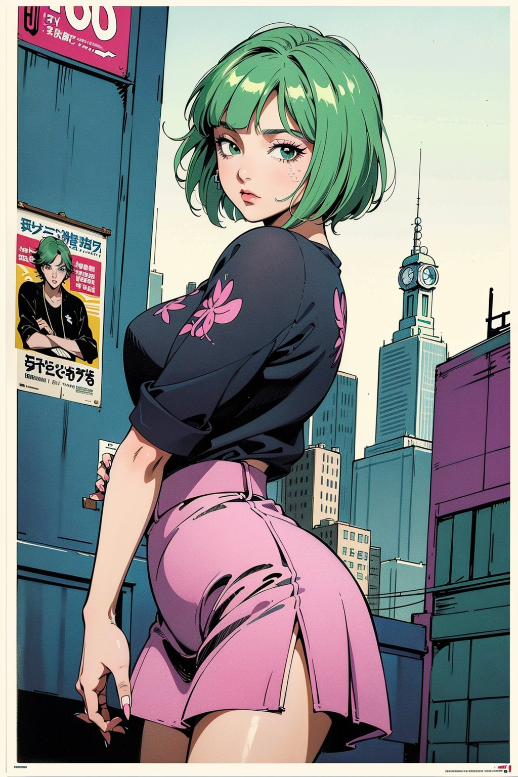 (80's, retro, city pop poster:1.5), (album cover), (masterpiece, best quality), (anime, illustration), best photo pose, dynamic angle, cowboy shot, girl, solo, perfect detail eyes, delicate face, green eyes, bob_cut, high fashion,short hair, bob_cut, black shirt, pink skirt, shades,