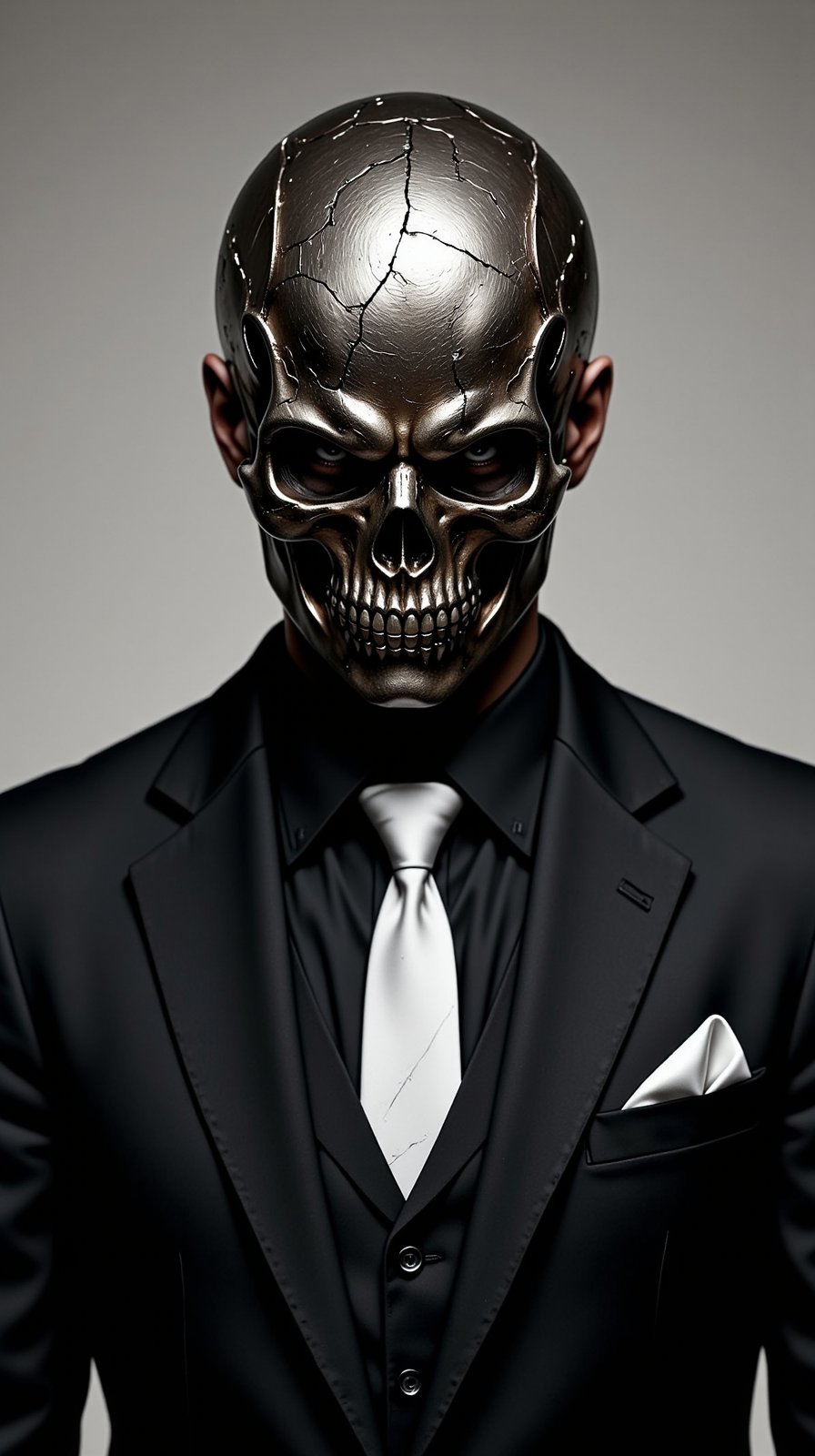 man in a black suit with a white tie wearing a metallic skull mask.