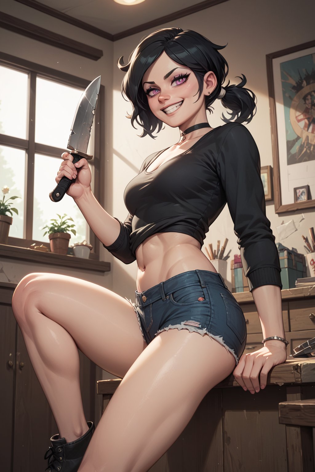 Score_9, score_8_up, score_7_up, masterpiece, 16k, 1girl, ashley graves, BREAK black hair, black shirt, denim shorts, mischevious smile, knife, BREAK Indoors, cluttered apartment, BREAK 