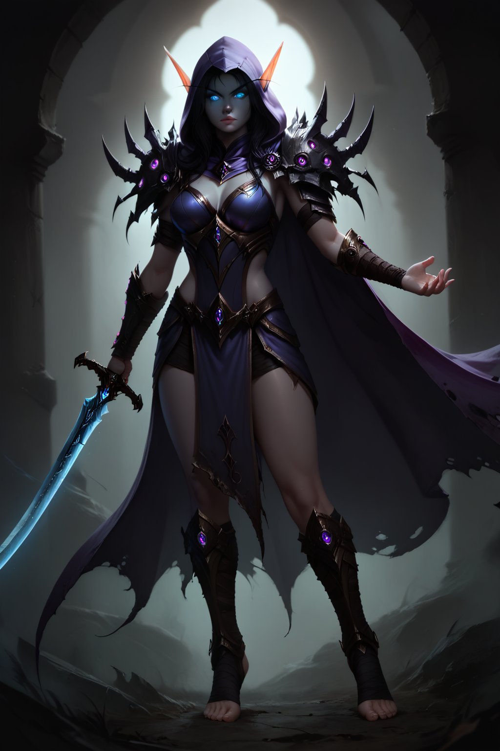 Score_9, score_8_up, score_7_up,Expressiveh,concept art,dark theme,Extremely Realistic, realistic, masterpiece, 1girl, solo, long hair, grey skin,  glowing blue eyes, black hair, holding, standing, full body, weapon, foot wraps, sword, hood, cape, holding weapon, dark metal armor, glowing, holding sword, glowing eyes, vambraces, purple hooded cloak, blue glow, (,DonMD34thKn1gh7XL,runeblade,death knight),bldelf, pointy ears, colored sclera, no pupils