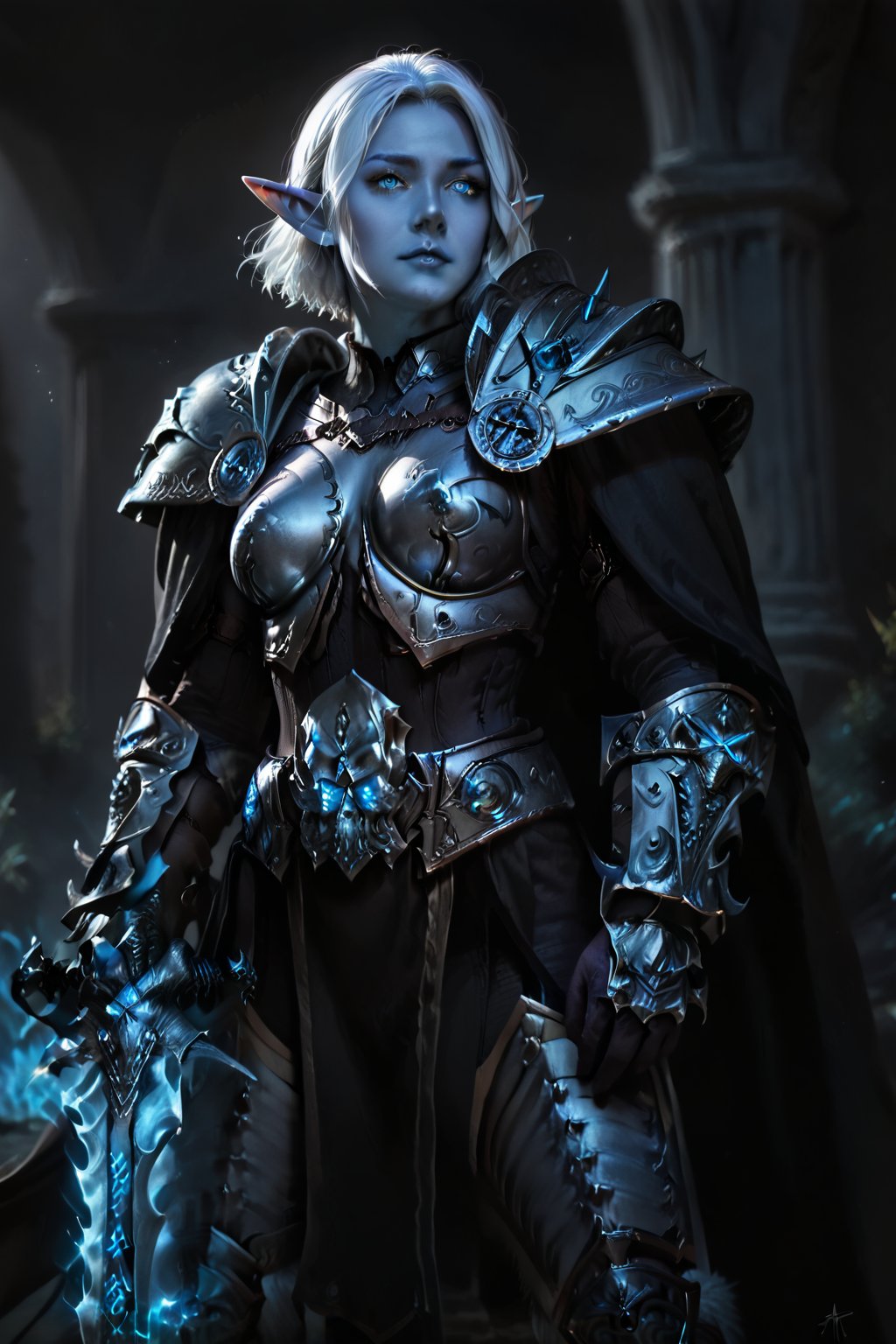 Score_9, score_8_up, score_7_up,Expressiveh,concept art,dark theme,Extremely Realistic, realistic, masterpiece, 1girl, solo, short hair, blue eyes, weapon, white hair, pointy ears, signature, armor, glowing, colored skin, elf, shoulder armor, gauntlets, pauldrons, breastplate, blue skin, white eyes,wearing arth4s armor