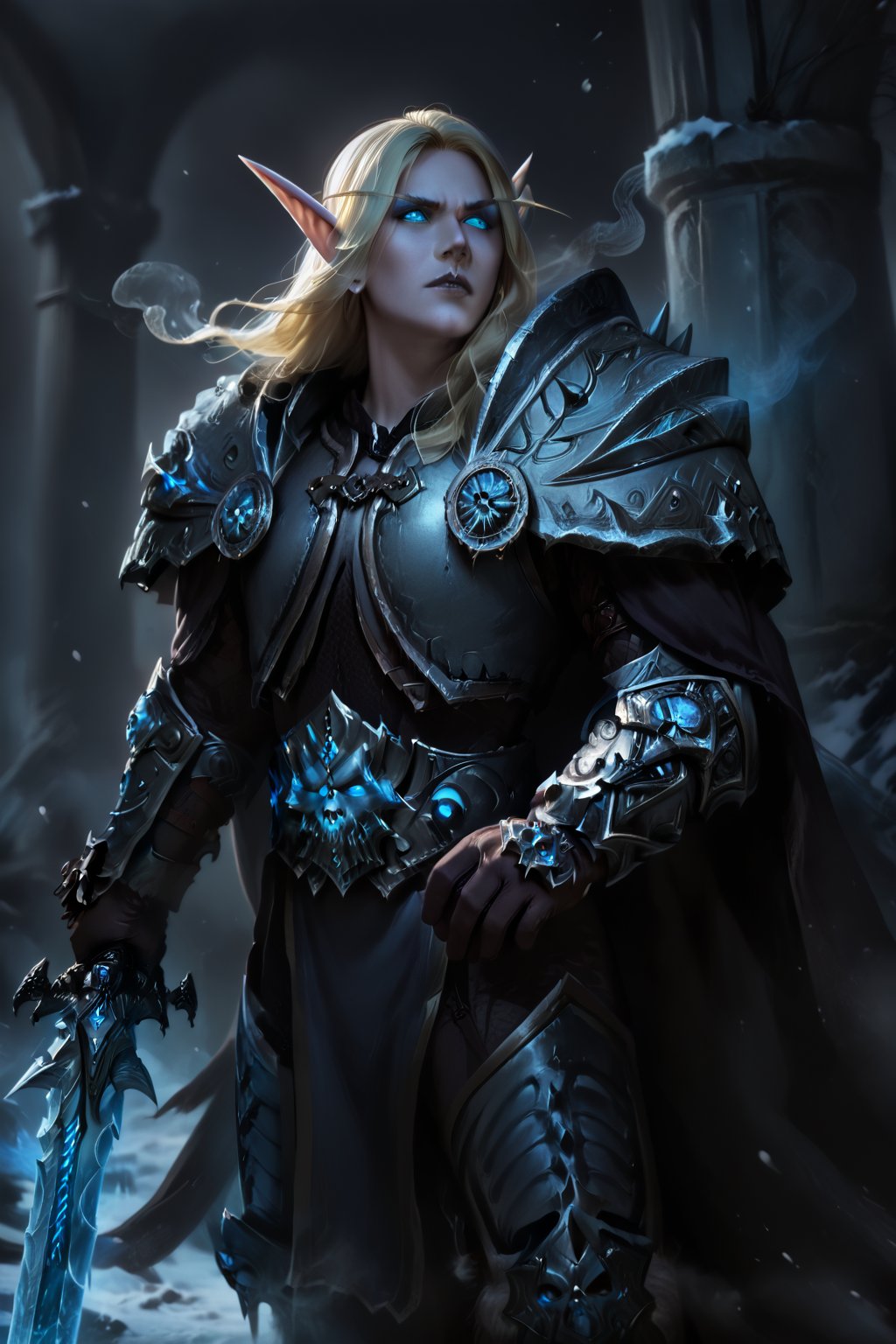 Score_9, score_8_up, score_7_up,Expressiveh,concept art,dark theme,Extremely Realistic, realistic, masterpiece, 1boy, elf, pure white skin, highly detailed face, perfect face, scowl, long blonde hair, pointy ears, wearing arth4s armor, glowing blue eyes, wielding, blue smoke, grey lips, blue energy drifting upward armor, (,bldelf, no pupils, glowing eyes, colored sclera), winter winds, snowy breeze, (((duel wield, runeblade, runeaxes))), the wind blows snow across the scene, 