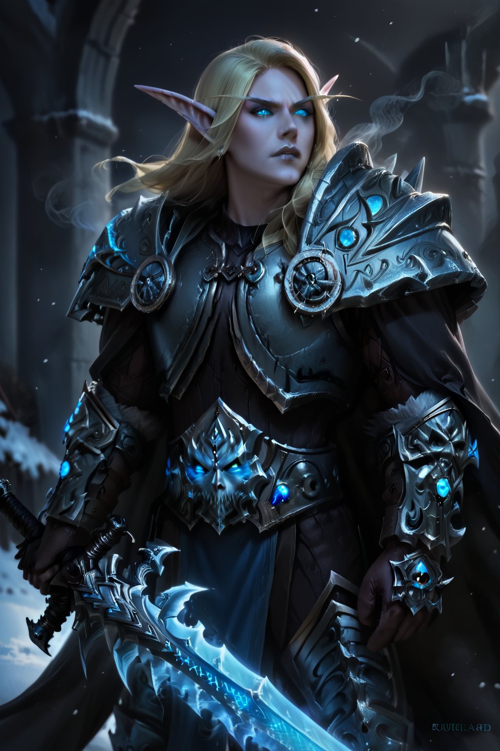 Score_9, score_8_up, score_7_up,Expressiveh,concept art,dark theme,Extremely Realistic, realistic, masterpiece, 1boy, elf, pure white skin, highly detailed face, perfect face, scowl, long blonde hair, pointy ears, wearing arth4s armor, glowing blue eyes, wielding, blue smoke, grey lips, blue energy drifting upward armor, (,bldelf, no pupils, glowing eyes, colored sclera), winter winds, snowy breeze, (((duel wield, runeblade, runeaxes))), the wind blows snow across the scene, 