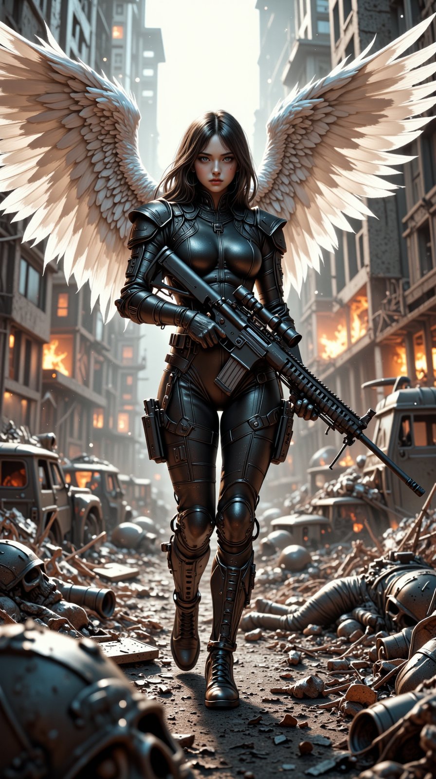 Valkyrie's Vigilance: A shot of a sleek, modern Valkyrie hovering above the smoldering ruins of a war-torn landscape her white feathered wings majestically seem to draw in the sunlight. The battlefield below her is scarred by burning vehicles and fallen soldiers, their bodies eerily still amidst the chaos. She herself stands out against this backdrop of destruction, clad in contemporary military tactical attire that belies her mythical nature. Her gaze is fixed intently on some distant target as she cradles an elegant sniper rifle, its slender barrel glinting in the flickering light of the burning vehicles. The composition centers around her statuesque figure, with the war-torn landscape serving as a haunting reminder of the devastating consequences of conflict.

shading lineart, shading, lineart, 2.5D, illustration, portrait, closeup, Score_9, Score_8_up, Score_7_up, behance work, intricate, vibrant color, High quality, 8k hd, best quality, detailed skin texture, complicated, 8k ultra hd, high resolution, high definition, excellent quality, stunning image, volumetric lighting, detail quality Enhancer,DonMN1h1l15mFX,REALNIME