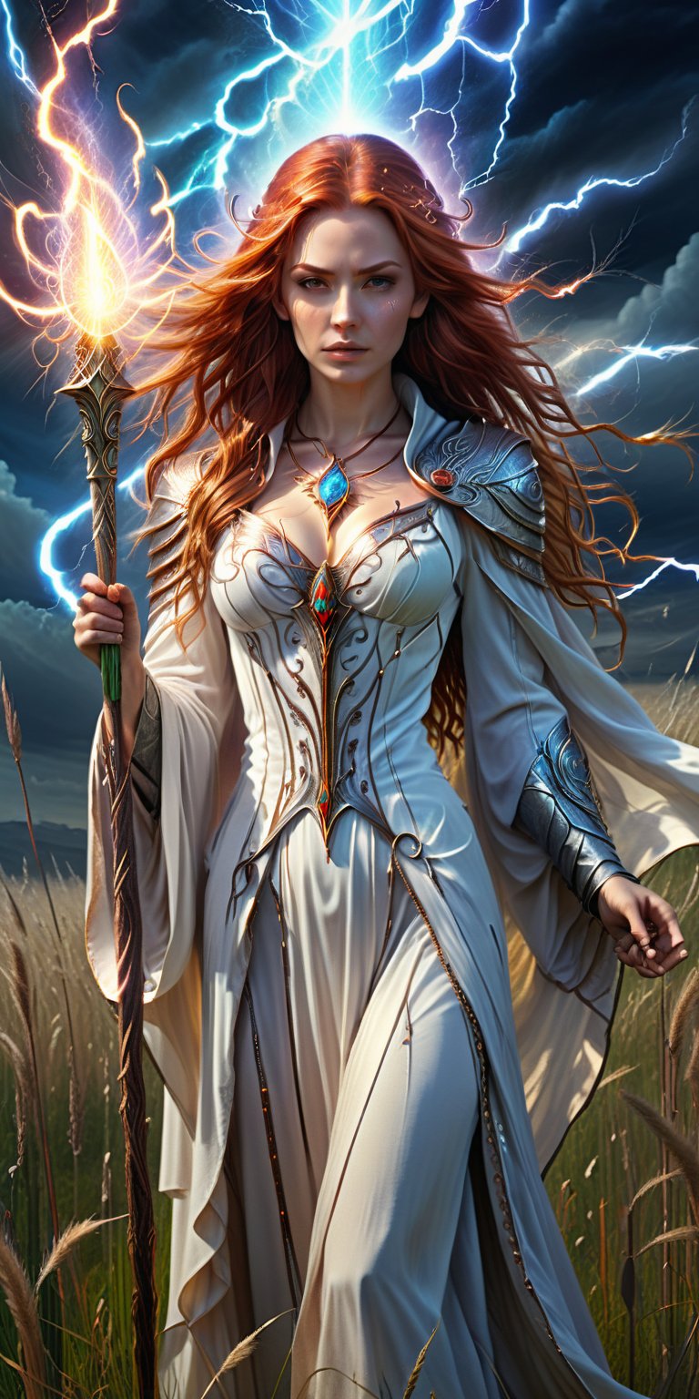 (4k), (masterpiece), (best quality), (extremely intricate), (realistic), (clear focus), (award-winning), (cinematic lighting), (extremely detailed), ultra-realistic Young sorceress with long red hair standing in a field with tall grass, with a staff in her hand In her hand, she is wearing a flowing white robe with silver zippers embroidered on it. In her hand she holds a staff that crackles with electricity. She is surrounded by a swirling vortex of lightning energy.,DonMBl00mingF41ryXL 