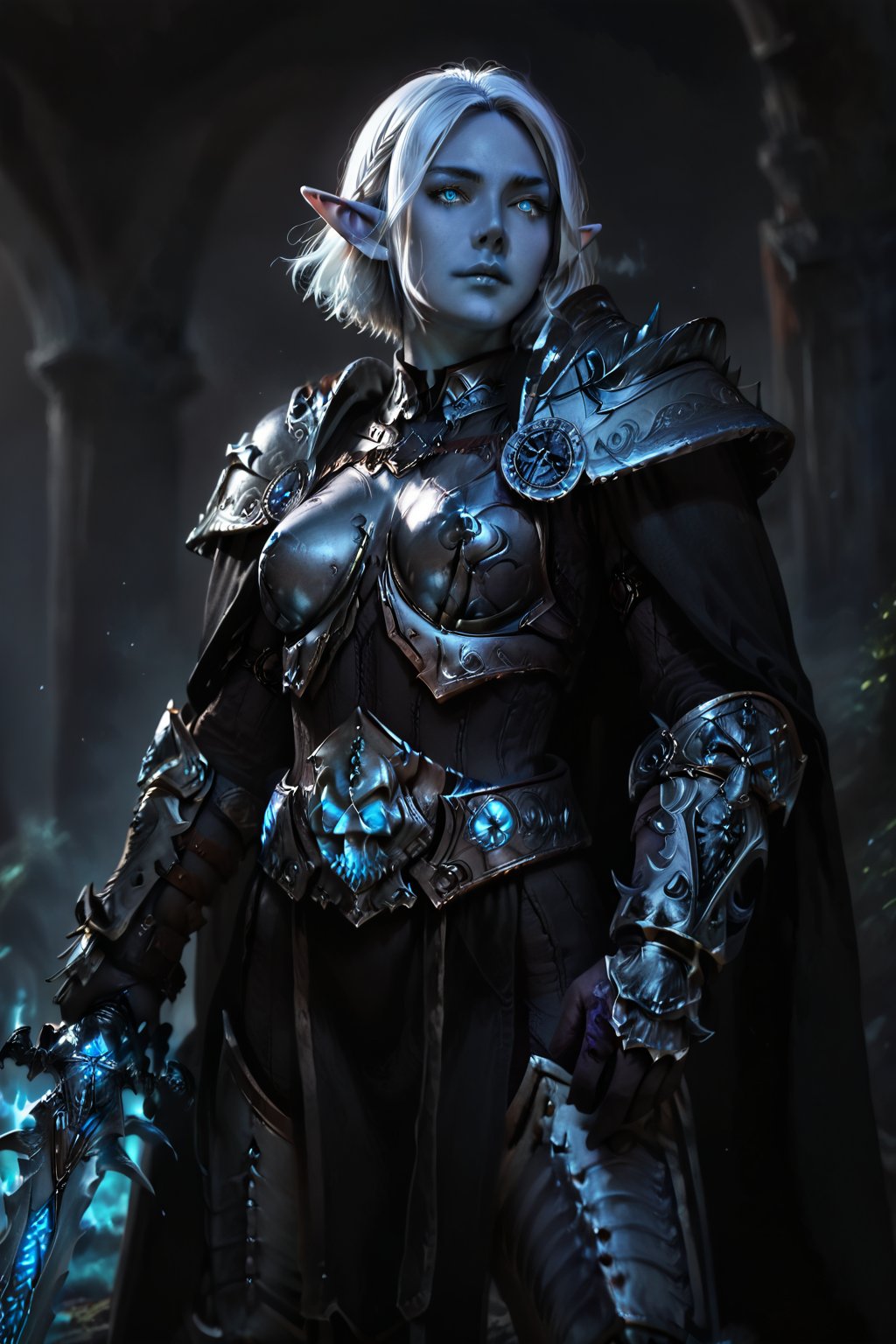 Score_9, score_8_up, score_7_up,Expressiveh,concept art,dark theme,Extremely Realistic, realistic, masterpiece, 1girl, solo, short hair, blue eyes, weapon, white hair, pointy ears, signature, armor, glowing, colored skin, elf, shoulder armor, gauntlets, pauldrons, breastplate, blue skin, white eyes,wearing arth4s armor