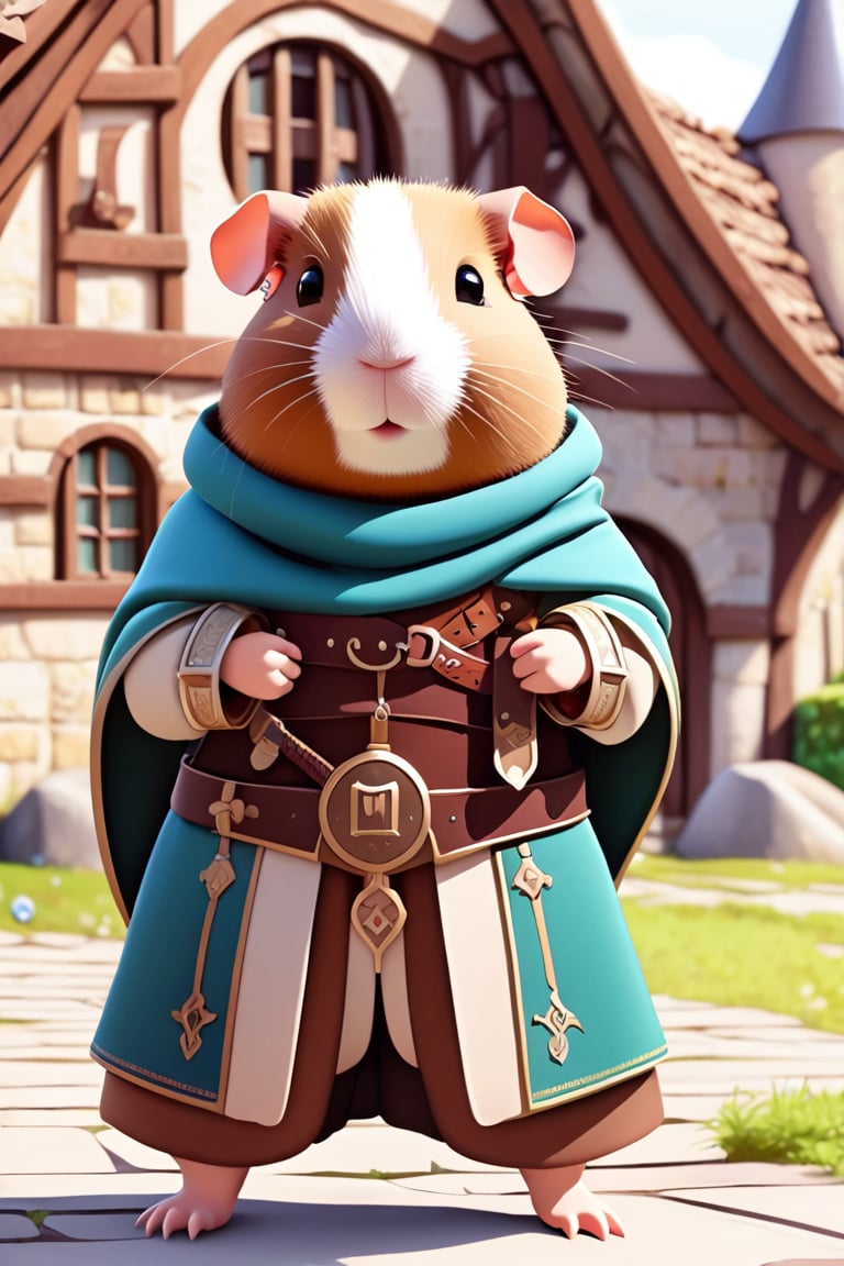 A anthropomorphic guinea pig wearing medieval style clothing standing in front of his medieval style home.