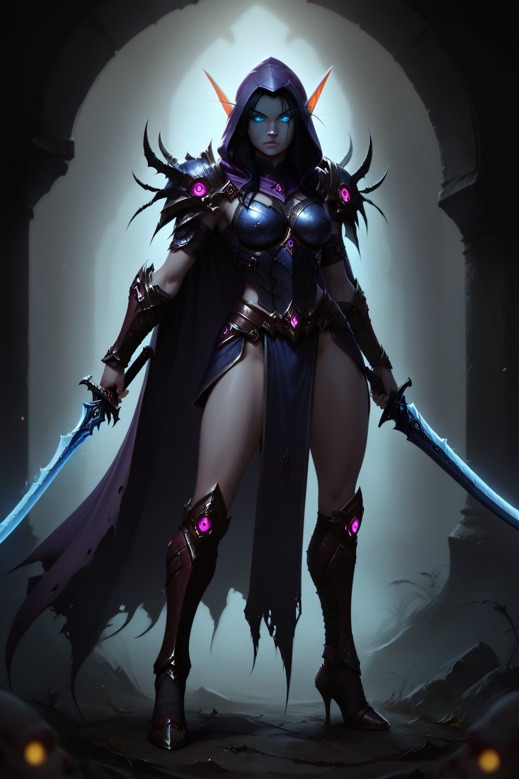 Score_9, score_8_up, score_7_up,Expressiveh,concept art,dark theme,Extremely Realistic, realistic, masterpiece, 1girl, solo, long hair, grey skin,  glowing blue eyes, black hair, holding, standing, full body, weapon, foot wraps, sword, hood, cape, holding weapon, dark metal armor, glowing, holding sword, glowing eyes, vambraces, purple hooded cloak, blue glow, (,DonMD34thKn1gh7XL,runeblade,death knight),bldelf, pointy ears, colored sclera, no pupils, blue accents on armor, 