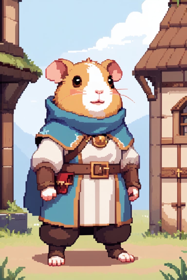 A anthropomorphic guinea pig wearing medieval style clothing standing in front of his medieval style home.,pixel art