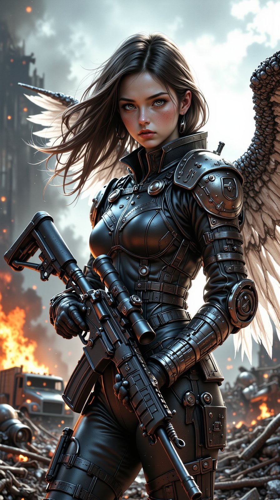 Valkyrie's Vigilance: A shot of a sleek, modern Valkyrie hovering above the smoldering ruins of a war-torn landscape her holographic ethereal wings majestically seem to draw in the sunlight. The battlefield below her is scarred by burning vehicles and fallen soldiers, their bodies eerily still amidst the chaos. She herself stands out against this backdrop of destruction, clad in contemporary military tactical attire that belies her mythical nature. Her gaze is fixed intently on some distant target as she cradles an elegant sniper rifle, its slender barrel glinting in the flickering light of the burning vehicles. The composition centers around her statuesque figure, with the war-torn landscape serving as a haunting reminder of the devastating consequences of conflict.

shading lineart, shading, lineart, 2.5D, illustration, portrait, closeup, Score_9, Score_8_up, Score_7_up, behance work, intricate, vibrant color, High quality, 8k hd, best quality, detailed skin texture, complicated, 8k ultra hd, high resolution, high definition, excellent quality, stunning image, volumetric lighting, detail quality Enhancer,DonMN1h1l15mFX,REALNIME