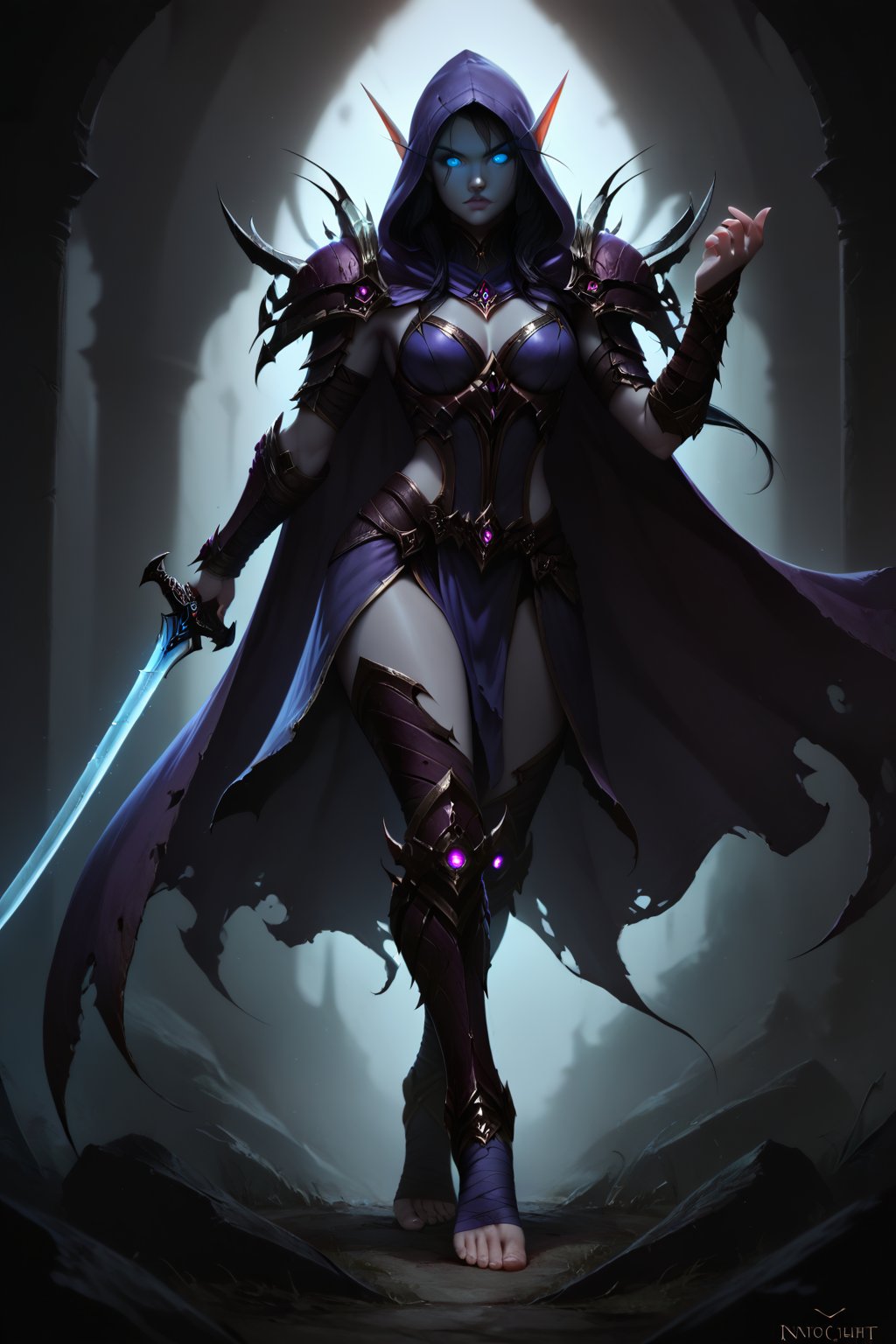 Score_9, score_8_up, score_7_up,Expressiveh,concept art,dark theme,Extremely Realistic, realistic, masterpiece, 1girl, solo, long hair, grey skin,  glowing blue eyes, black hair, holding, standing, full body, weapon, foot wraps, sword, hood, cape, holding weapon, dark metal armor, glowing, holding sword, glowing eyes, vambraces, purple hooded cloak, blue glow, (,DonMD34thKn1gh7XL,runeblade,death knight),bldelf, pointy ears, colored sclera, no pupils