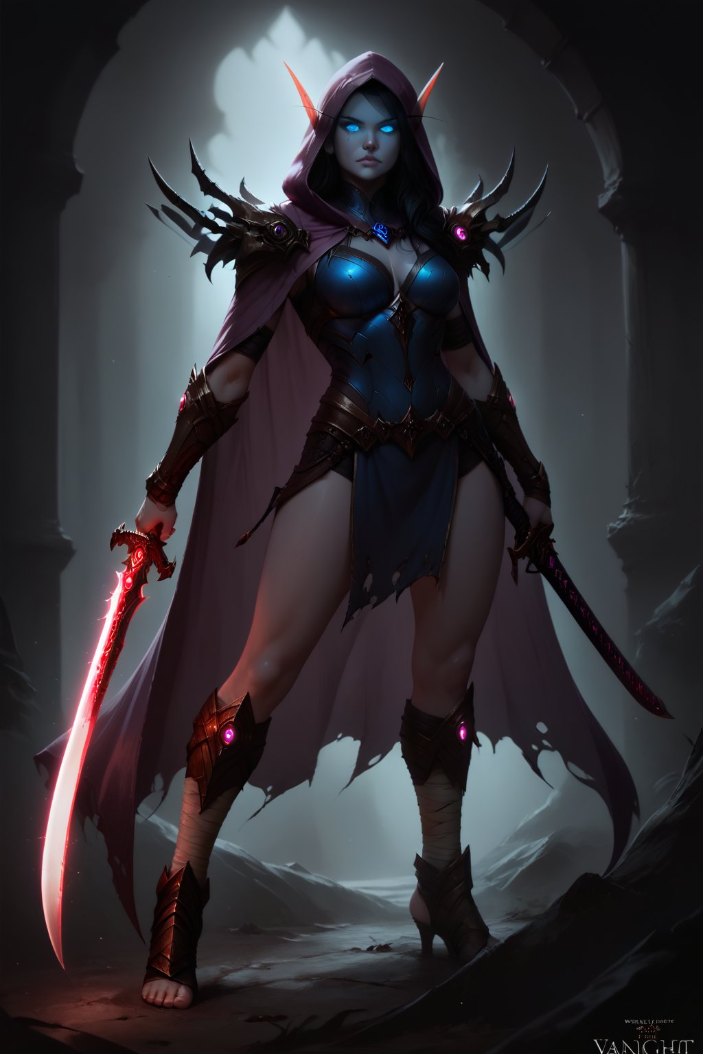 Score_9, score_8_up, score_7_up,Expressiveh,concept art,dark theme,Extremely Realistic, realistic, masterpiece, 1girl, solo, long hair, grey skin,  glowing blue eyes, black hair, holding, standing, full body, weapon, foot wraps, sword, hood, cape, holding weapon, dark metal armor, glowing, holding sword, glowing eyes, vambraces, purple hooded cloak, blue armor glow, (,DonMD34thKn1gh7XL,runeblade,death knight),bldelf, pointy ears, colored sclera, no pupils, 