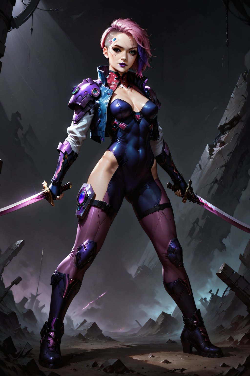 Score_9, score_8_up, score_7_up,Expressiveh,concept art,dark theme,Extremely Realistic, realistic, masterpiece, 8k, 1girl, solo, breasts, looking at viewer, short hair, holding, medium breasts, standing, jacket, weapon, pink hair, purple hair, multicolored hair, boots, sword, holding weapon, armor, two-tone hair, bodysuit, makeup, scar, facial mark, holding sword, lipstick, shoulder armor, dual wielding, asymmetrical hair, leather, undercut, facial tattoo, purple lips, cyberpunk, (shadowrun_character,high-tech lowlife,shadowrun_surface)