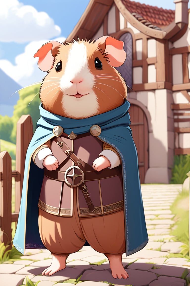 A anthropomorphic guinea pig wearing medieval style clothing standing in front of his medieval style home.