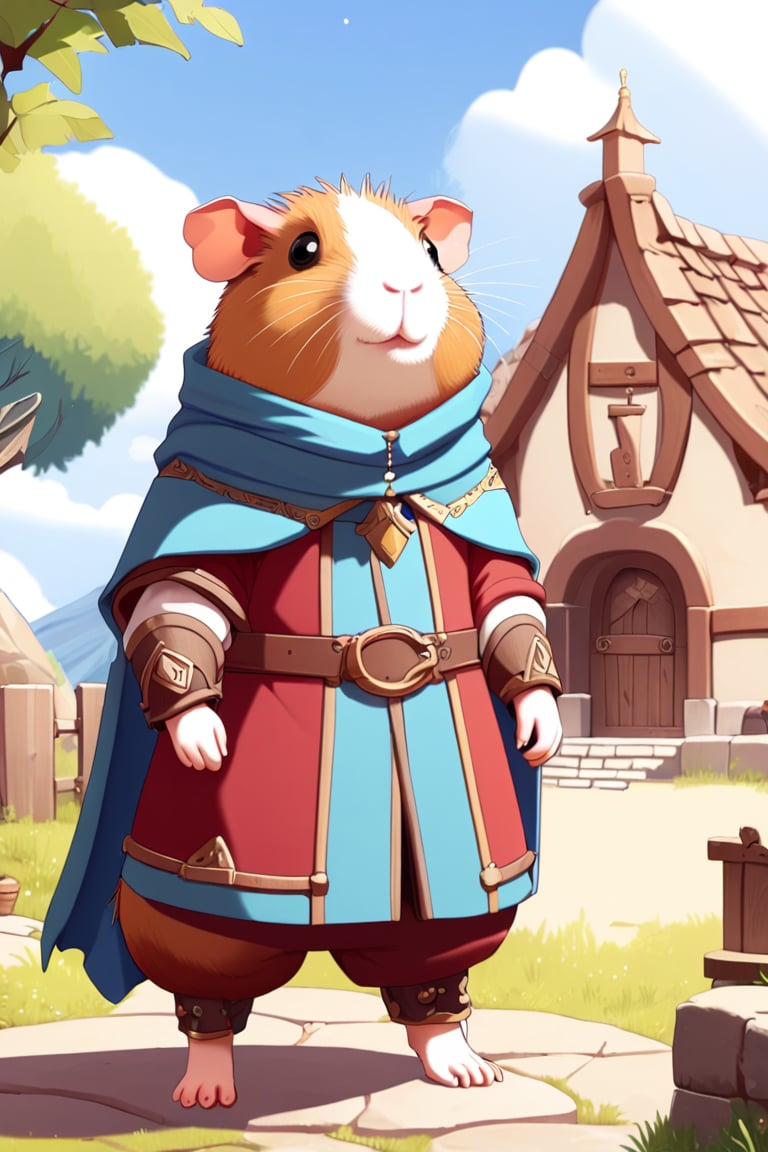 A anthropomorphic guinea pig wearing medieval style clothing standing in front of his medieval style home.