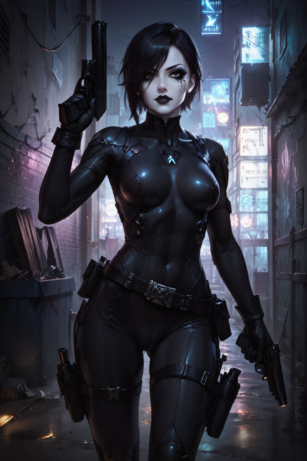 Score_9, score_8_up, score_7_up,Expressiveh,concept art,dark theme,Extremely Realistic, realistic, masterpiece, 1girl, solo, black hair, gloves, weapon, belt, gun, bodysuit, black circle painted over one eye, pale white skin, handgun, black lipstick, (,ruanyi0724,neon lights,power lines,alley), (((heavy black eye makeup, black makeup on cheek))), aiming guns at viewer, 