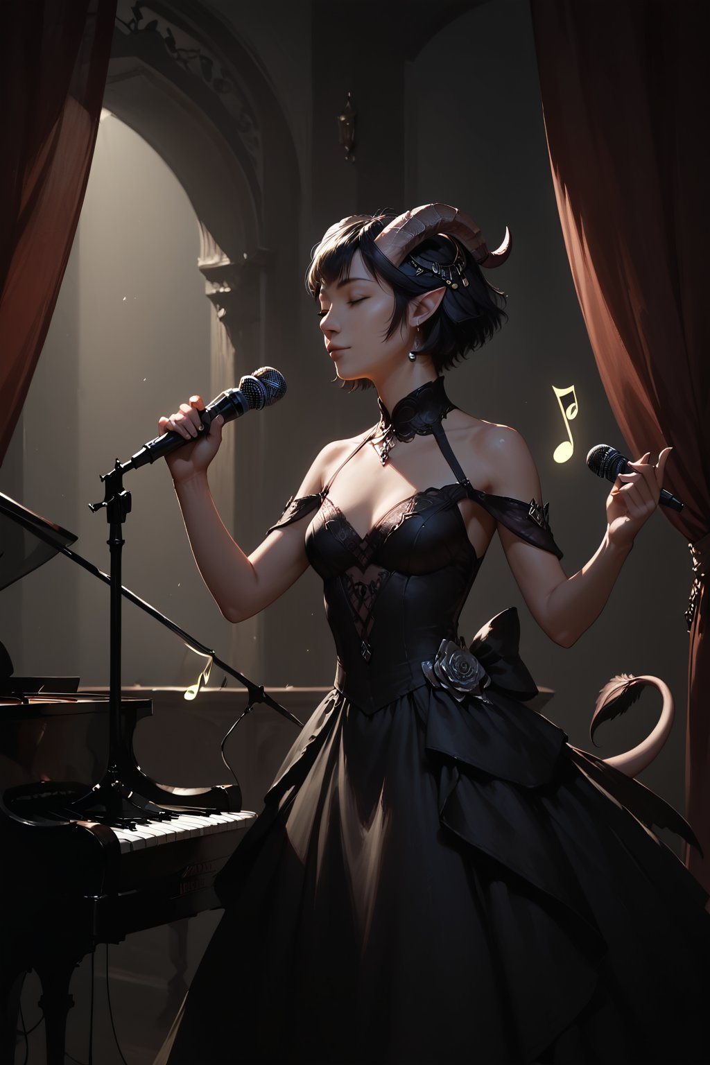 Score_9, score_8_up, score_7_up,Expressiveh,concept art,dark theme,Extremely Realistic, realistic, masterpiece, 1girl, solo, short hair, black hair, hair ornament, dress, bare shoulders, closed eyes, feathers, curtains, musical note, microphone, eighth note, music, singing, microphone stand, (,Tiefling, pointed ears, horns, colored skin,tail