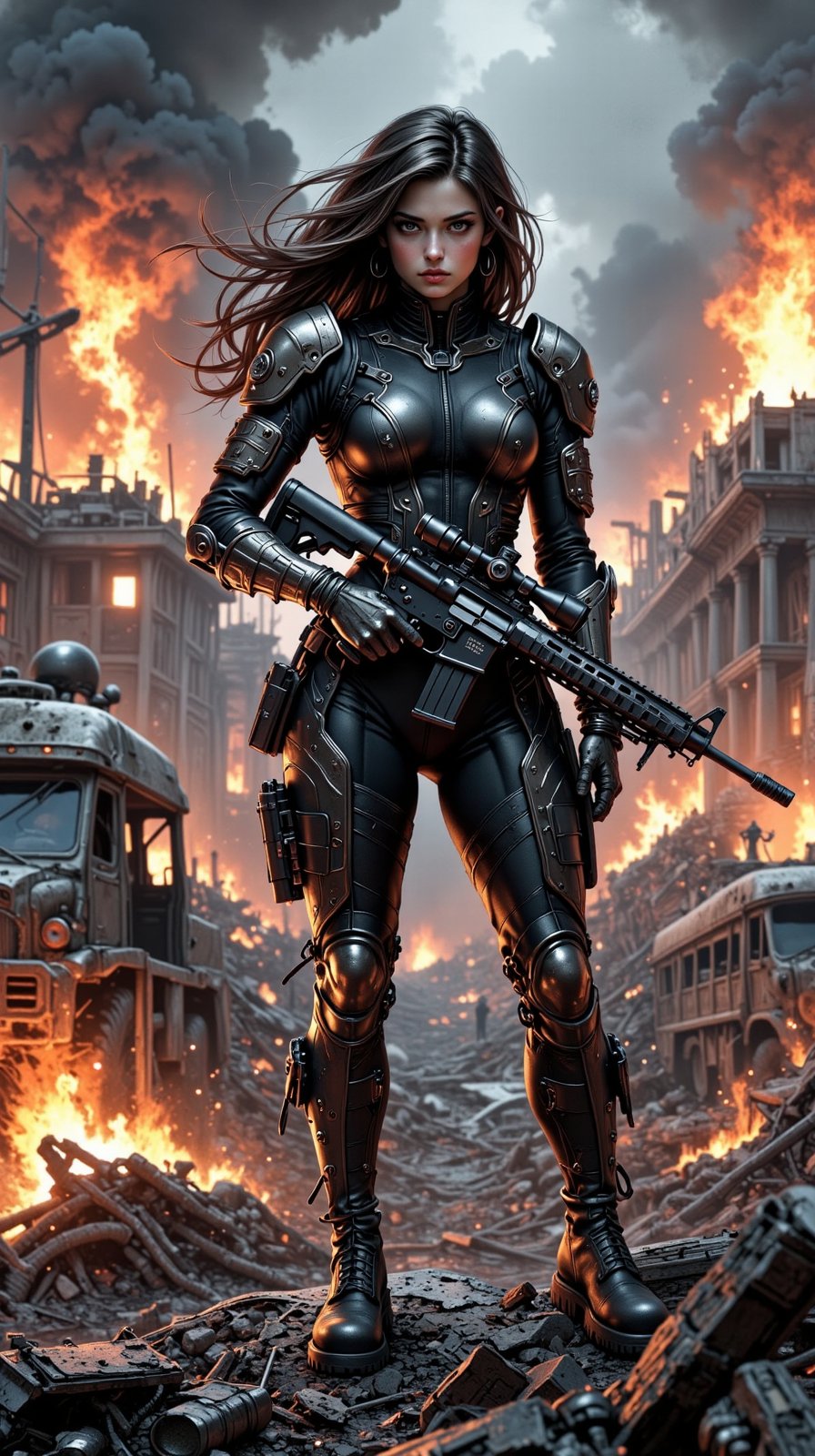 Valkyrie's Vigilance: A shot of a sleek, modern Valkyrie hovering above the smoldering ruins of a war-torn landscape. The battlefield below her is scarred by burning vehicles and fallen soldiers, their bodies eerily still amidst the chaos. She herself stands out against this backdrop of destruction, clad in contemporary military tactical attire that belies her mythical nature. Her gaze is fixed intently on some distant target as she cradles an elegant sniper rifle, its slender barrel glinting in the flickering light of the burning vehicles. The composition centers around her statuesque figure, with the war-torn landscape serving as a haunting reminder of the devastating consequences of conflict.

shading lineart, shading, lineart, 2.5D, illustration, portrait, closeup, Score_9, Score_8_up, Score_7_up, behance work, intricate, vibrant color, High quality, 8k hd, best quality, detailed skin texture, complicated, 8k ultra hd, high resolution, high definition, excellent quality, stunning image, volumetric lighting, detail quality Enhancer,DonMN1h1l15mFX,REALNIME