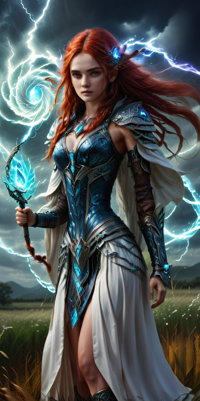 (4k), (masterpiece), (best quality), (extremely intricate), (realistic), (clear focus), (award-winning), (cinematic lighting), (extremely detailed), ultra-realistic Young sorceress with long red hair standing in a field with tall grass, with a staff in her hand In her hand, she is wearing a flowing white robe with silver zippers embroidered on it. In her hand she holds a staff that crackles with electricity. She is surrounded by a swirling vortex of lightning energy.,DonMBl00mingF41ryXL 