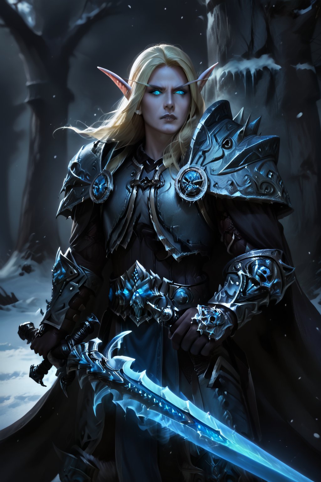 Score_9, score_8_up, score_7_up,Expressiveh,concept art,dark theme,Extremely Realistic, realistic, masterpiece, 1boy, elf, pure white skin, highly detailed face, perfect face, scowl, long blonde hair, pointy ears, wearing arth4s armor, glowing blue eyes, wielding, blue smoke, grey lips, blue energy drifting upward armor, (,bldelf, no pupils, glowing eyes, colored sclera), winter winds, snowy breeze, (((duel wield, runeblade, runeaxes))), the wind blows snow across the scene, 