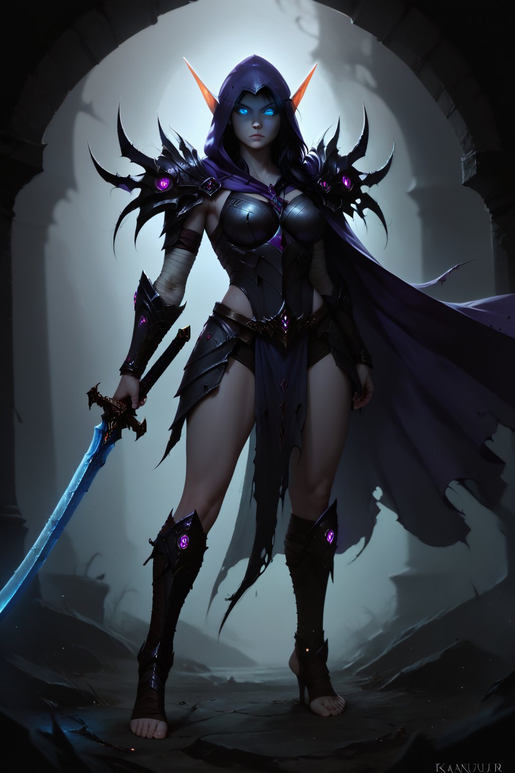 Score_9, score_8_up, score_7_up,Expressiveh,concept art,dark theme,Extremely Realistic, realistic, masterpiece, 1girl, solo, long hair, grey skin,  glowing blue eyes, black hair, holding, standing, full body, weapon, foot wraps, sword, hood, cape, holding weapon, dark metal armor, glowing, holding sword, glowing eyes, vambraces, purple hooded cloak, blue glow, (,DonMD34thKn1gh7XL,runeblade,death knight),bldelf, pointy ears, colored sclera, no pupils