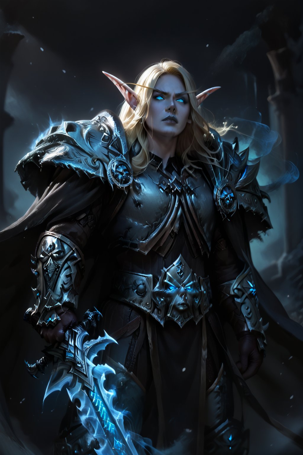 Score_9, score_8_up, score_7_up,Expressiveh,concept art,dark theme,Extremely Realistic, realistic, masterpiece, 1boy, elf, pure white skin, highly detailed face, perfect face, scowl, long blonde hair, pointy ears, wearing arth4s armor, glowing blue eyes, wielding runeblade, blue smoke, grey lips, blue energy  drifting upward from eyes, (,bldelf, no pupils, glowing eyes, colored sclera), winter winds, snowy breeze, duel wield, runeaxe, 