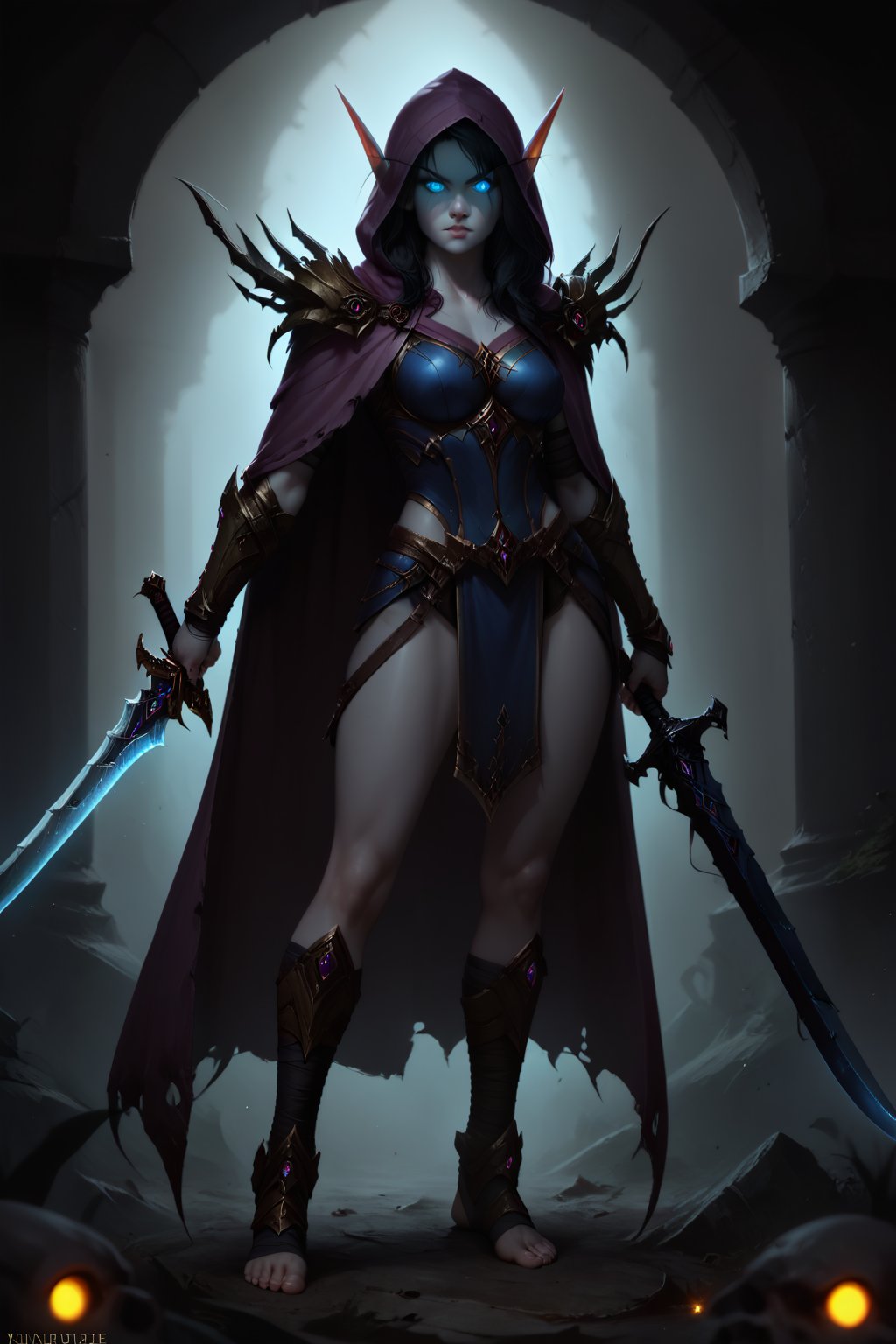 Score_9, score_8_up, score_7_up,Expressiveh,concept art,dark theme,Extremely Realistic, realistic, masterpiece, 1girl, solo, long hair, grey skin,  glowing blue eyes, black hair, holding, standing, full body, weapon, foot wraps, sword, hood, cape, holding weapon, dark metal armor, glowing, holding sword, glowing eyes, vambraces, purple hooded cloak, blue armor glow, (,DonMD34thKn1gh7XL,runeblade,death knight),bldelf, pointy ears, colored sclera, no pupils, 